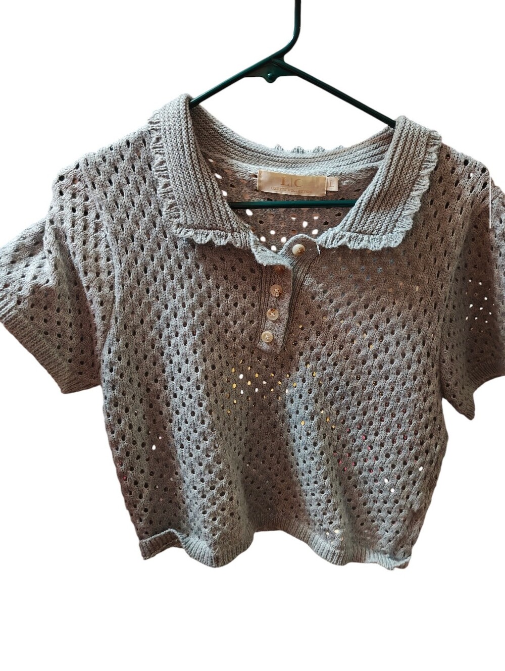 LIC Gray Open-Knit Cropped Polo Top